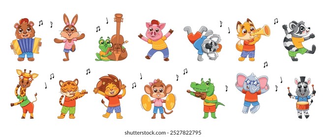 Vibrant Illustration Of Cartoon Animals Joyfully Dancing And Playing Musical Instruments Exudes Happiness And Cheer