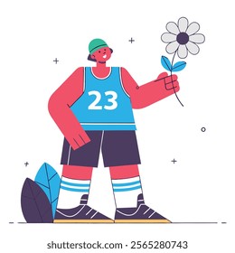 A vibrant illustration of a cartoon basketball player with pink skin, wearing a jersey. Perfect for websites, children's books, sports-themed projects, or any design needing a playful, 