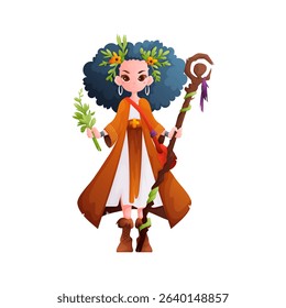A vibrant illustration of a cartoon forest priestess, complete with a wooden staff, lush foliage, and intricately designed traditional clothing. She exudes serenity.