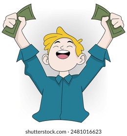 A vibrant illustration of a cartoon man with blonde hair, celebrating and holding money in both hands.