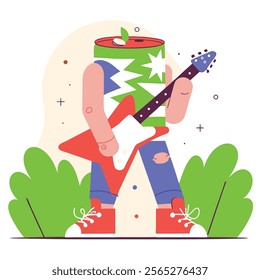 A vibrant illustration of a cartoon soda can character playing an electric guitar. Perfect for branding, marketing materials, 