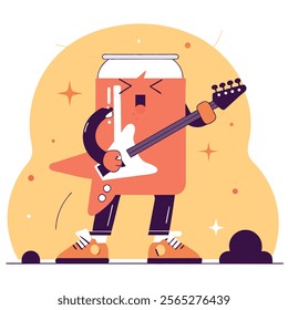 A vibrant illustration of a cartoon soda can character rocking out on an electric guitar. Perfect for branding, marketing materials,