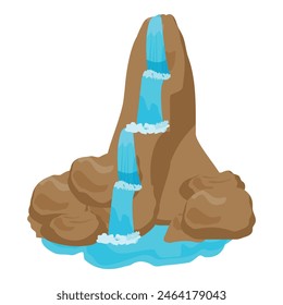Vibrant illustration of a cartoonstyle double waterfall cascading into a blue pool surrounded by rocks
