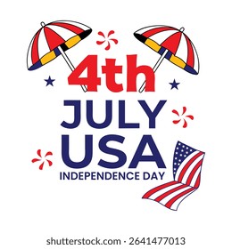 A vibrant illustration celebrating the 4th of July, featuring beach umbrellas, fireworks, and the American flag. Perfect for Independence Day greetings, social media posts, or festive designs.