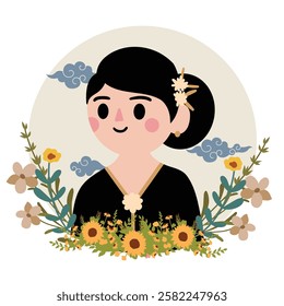 A vibrant illustration celebrating Kartini Day, a woman portrait in traditional Indonesian outfit and hairstyle with floral wreath and traditional decoration. For poster design and greeting cards.