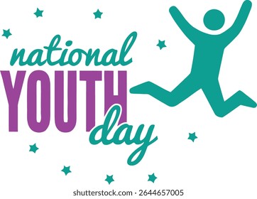 A vibrant illustration celebrating National Youth Day, featuring a jumping figure and stylized text. The design is isolated on a white background, perfect for social media, banners, or print materials