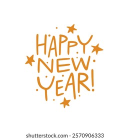 A vibrant illustration celebration holiday phrase Happy New Year, featuring lively typography alongside decorative, bright stars