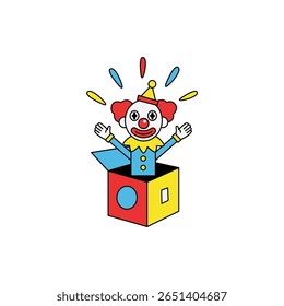 A vibrant illustration of a cheerful clown popping out of a jack-in-the-box. This colorful design captures the essence of childhood joy and playful surprises.