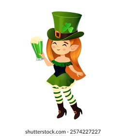 A vibrant illustration of a cheerful leprechaun girl dressed in a green St. Patrick's Day outfit, complete with a clover-decorated top hat, striped stockings, and brown boots. The character holds a