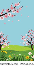 A vibrant illustration of cherry blossom trees in bloom, scattered petals, and wildflowers in a green field, evoking a sense of springtime freshness.