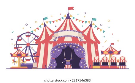 Vibrant illustration of a circus tent accompanied by a ferris wheel and carousel set against a festive fairground backdrop.