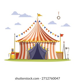 A vibrant illustration of a circus tent featuring red and white striped canvas, flags, and a blue entrance, set against a backdrop of green grass and scattered clouds.