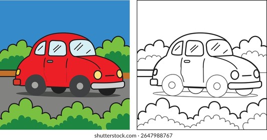 A vibrant illustration of a classic red beetle car on a gray road, surrounded by lush green bushes under a bright blue sky.