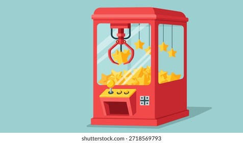 Uma ilustração vibrante de um jogo de arcade de máquina de garra preenchido com prêmios de estrela dourada, situado contra um fundo azul claro. Esta imagem evoca uma sensação de entretenimento, lazer e emoção de