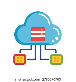 Vibrant illustration of cloud server managing external data modules.
