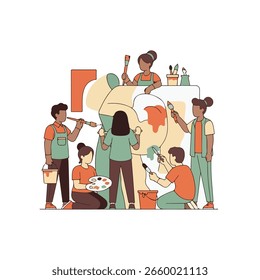 uma ilustração vibrante de um projeto artístico colaborativo que representa um grupo de indivíduos diversos trabalhando juntos para pintar um grande mural usando pincéis e paletas que ilustram o trabalho em equipe