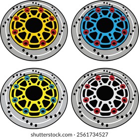 Vibrant illustration of colorful brake discs in various designs, highlighting creativity and precision in automotive engineering for car enthusiasts