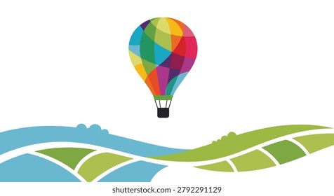 Vibrant illustration of a colorful patchwork hot air balloon floating over soft rolling hills in a blue and green landscape.