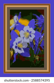 Vibrant illustration of columbine wildflowers, showcasing artistic interpretation with bold colors and framed presentation, ideal for nature lovers