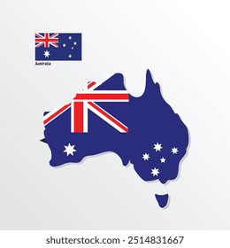 Uma vibrante ilustração combinando a bandeira australiana com o mapa do país, com a Union Jack, Commonwealth Star e Southern Cross. Este design reflete o orgulho nacional e o