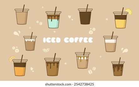 A vibrant illustration combining various iced coffee icons like cups, ice cubes, and straws, with the phrase 'Iced Coffee' in the center. Ideal for coffee-themed projects, and marketing 