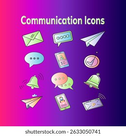 Vibrant illustration of communication icons: email, speech bubbles, paper plane, smartphone, bell, and more.