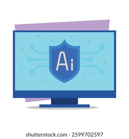 Vibrant illustration of computer monitor displaying shield with letters Ai. Artificial intelligence and its role in cybersecurity concept