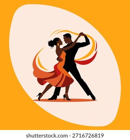A vibrant illustration of a couple dancing mambo for a Latin American music theme. A couple dancing tango on a white background. Argentine tango. Romantic couple dancing. People in love. Valentine's Day. Vector.