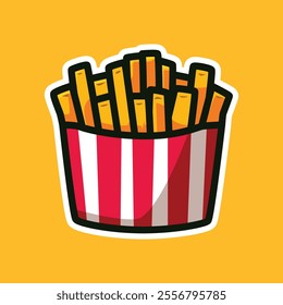 Vibrant illustration of crispy French fries in a classic red and white striped box on a yellow background. Ideal for food-related branding, stickers, menus, and digital design projects.