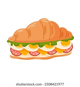 Vibrante ilustración de un sándwich de croissant lleno de lechuga, huevos, queso y salami en estilo de dibujos animados. Panadería para el desayuno, brunch o un aperitivo rápido. Ilustración vectorial sobre fondo blanco.