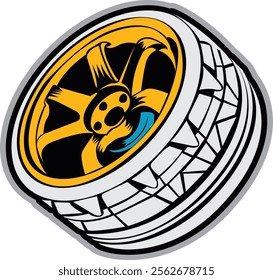 Vibrant illustration of a custom car wheel with a striking yellow rim and detailed tread, perfect for showcasing automotive style and design