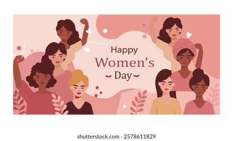 Vibrant illustration for Women’s Day showcasing a diverse group of empowered women, each striking a confident pose, symbolizing unity, strength, and the celebration of female empowerment