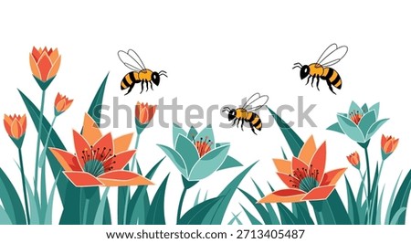 Vibrant illustration depicting busy bees gracefully flying among a lush field of colorful, stylized flowers and tall green grass.