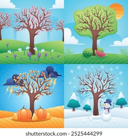A vibrant illustration depicting the four seasons. 