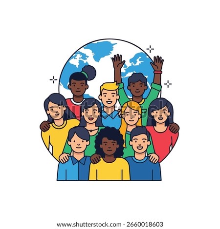 a vibrant illustration depicting global unity featuring a diverse group of people standing together in front of a world map symbolizing friendship equality and inclusion fostering a