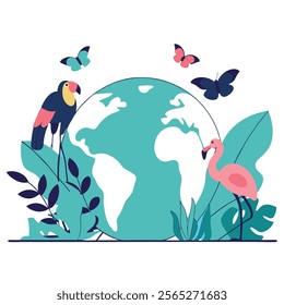 A vibrant illustration depicting a globe teeming with colorful tropical wildlife. Perfect for educational materials, children's books, 