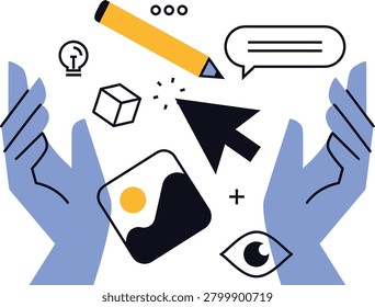 A vibrant illustration depicting hands interacting with various design and creative elements like a pencil, cursor, lightbulb, and image icon, symbolizing digital content creation and visual communica