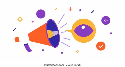 A vibrant illustration depicting a megaphone broadcasting its message directly to an eye, symbolizing the impact of announcements on visual attention.