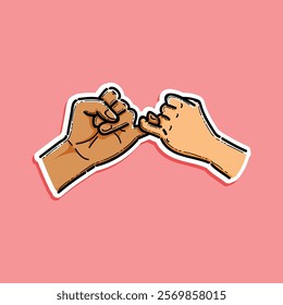 A vibrant illustration depicting two hands locking pinkies, symbolizing a pinky promise and mutual trust. The image features a pink backdrop and highlights themes of trust, bond, and friendship.