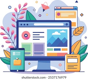 Vibrant illustration depicting web design concept with computer, smartphone, and digital graphics. Surrounded by nature-inspired elements, showcasing creativity and modern technology in a visually app