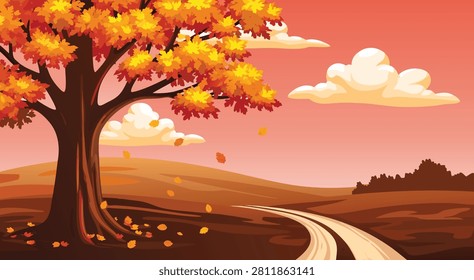 Vibrant illustration depicts a large tree with fiery autumn foliage against a warm sunset sky, with rolling hills and a winding path.