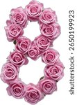 A vibrant illustration depicts the number "8" eight meticulously crafted from a stunning arrangement of pink roses, each rose adding to the floral numeral's beauty.