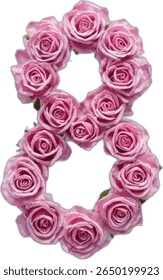 A vibrant illustration depicts the number "8" eight meticulously crafted from a stunning arrangement of pink roses, each rose adding to the floral numeral's beauty.
