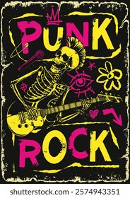 A vibrant illustration displays a skeleton playing electric guitar in a punk rock style. Bright colors enhance the energetic vibe capturing the essence of music and rebellion.