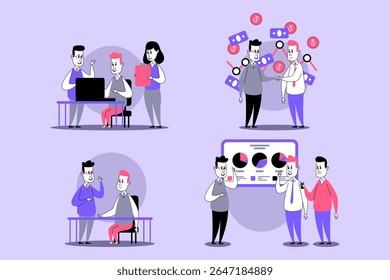 Ilustração vibrante de indivíduos diversos colaborando em vários cenários. Eles se envolveram em discussões, examinando dados em telas e compartilhando ideias. Conceito de trabalho em equipe eficaz
