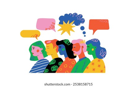 Uma ilustração vibrante de diversas pessoas envolvidas em conversações, com discursos coloridos e bolhas de pensamento simbolizando ideias dinâmicas e colaboração.