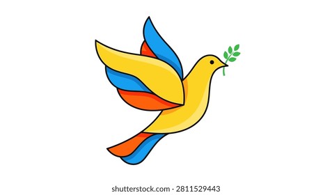 A vibrant illustration of a dove of peace featuring bold outlines and bright yellow blue and orange colors holding a green olive branch in its beak