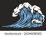 A vibrant illustration of a dynamic ocean wave captures the motion and energy of the sea. The blue wave is accentuated by white foam creating a lively visual. Ideal for surf enthusiasts.