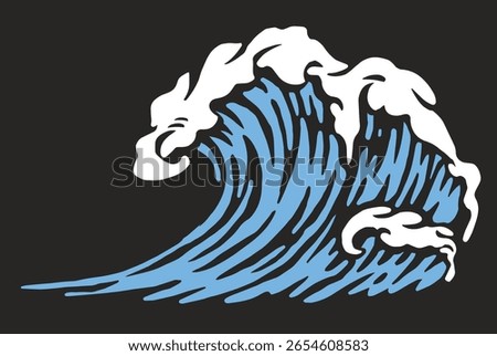 A vibrant illustration of a dynamic ocean wave captures the motion and energy of the sea. The blue wave is accentuated by white foam creating a lively visual. Ideal for surf enthusiasts.