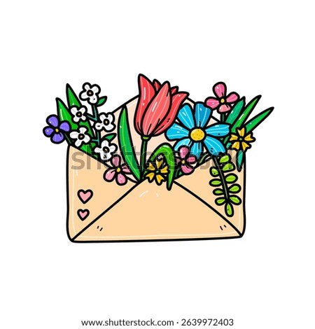 A vibrant illustration of an envelope filled with various colorful flowers, expressing joy and cheerfulness, perfect for themes like love, happiness, and creative communication.